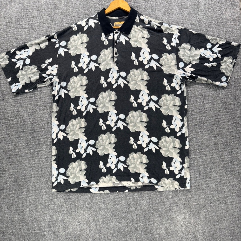 Y2K Bobby Chan Hawaiian Shirt Men's XXL Black White Floral Silk Cotton